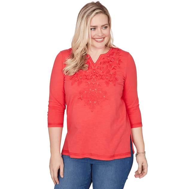 Womens Alfred Dunner Port Side 3/4 Sleeve Embroidery Blouse