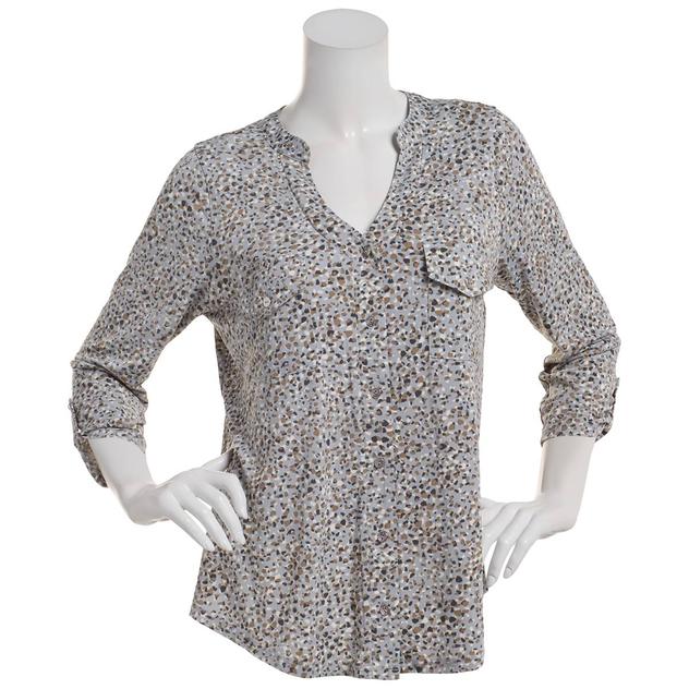 Womens Cure 3/4 Sleeve Dot Print Button Front Flap Pockets Blouse