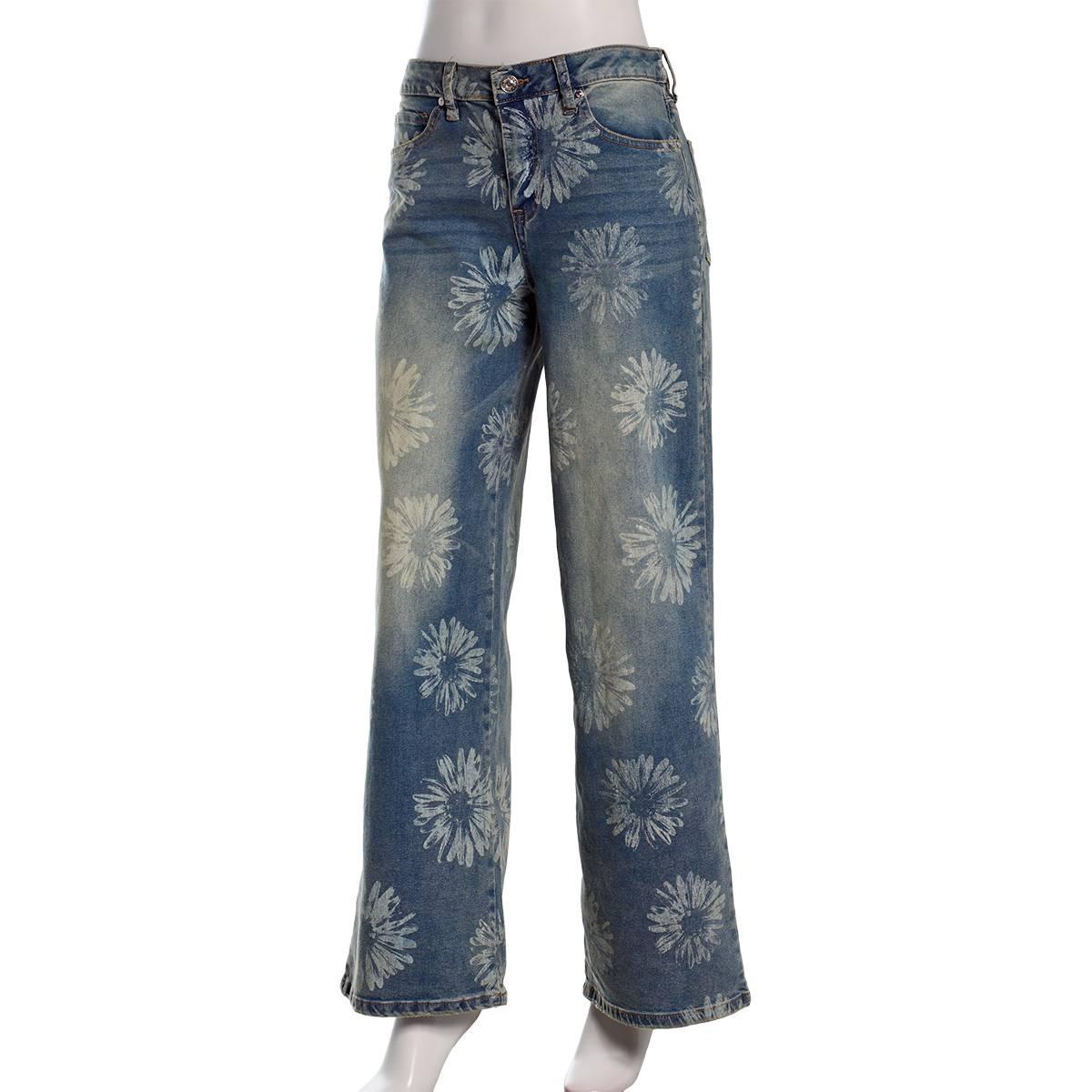 Juniors Madden Girl 90''s Wide Leg Discharge Print Flower Jeans