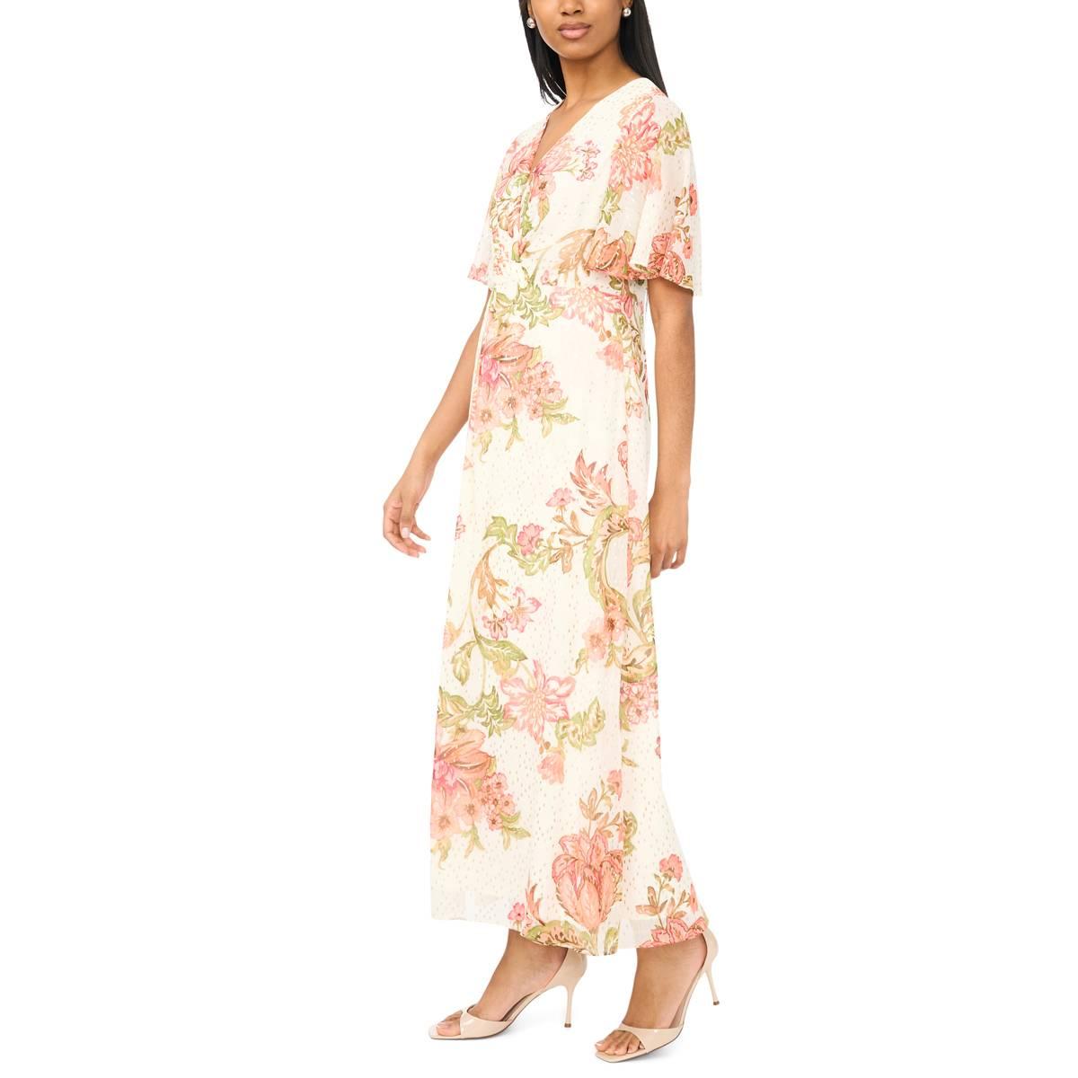 Womens MSK Short Flutter Sleeve Surplice Neck Floral Midi Dress