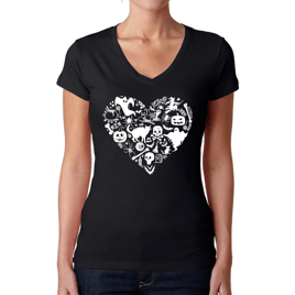 Womens LA Pop Art Halloween Heart - Word Art V-Neck T-Shirt