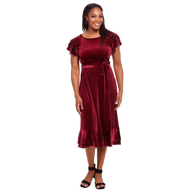 Womens Perceptions Double Ruffle Sleeve Velvet Midi Dress
