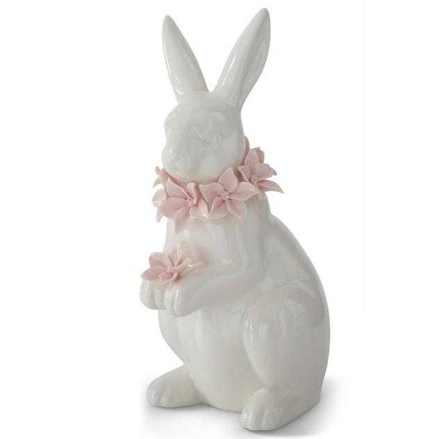 K&K Interiors 9in. White Ceramic Easter Bunny with Pink Flowers