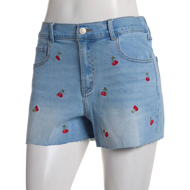 Juniors No Comment Mid Rise Embroidered Cherries Denim Mom Shorts