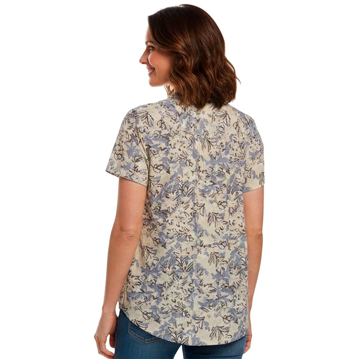 Womens Notations Short Sleeve Floral Split Neck Pleated Blouse