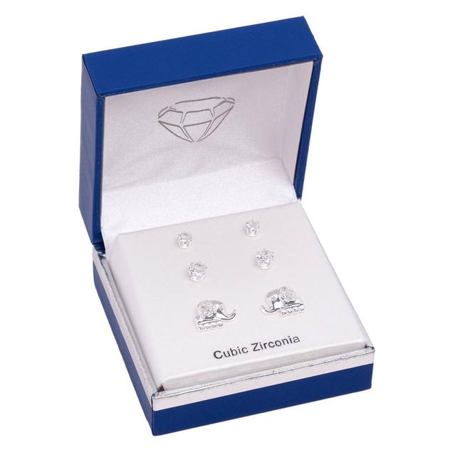 CZ Silver-Tone 3pr. Stud and Elephant Earrings Set