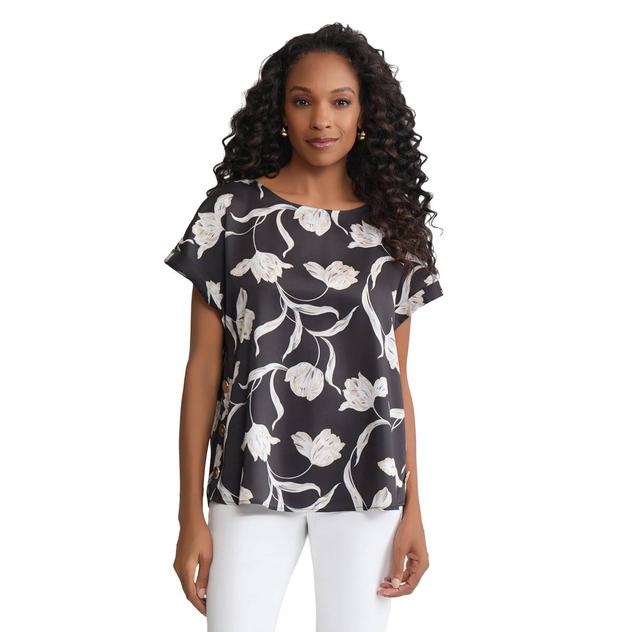 Womens Jones New York Short Sleeve Floral Side Button Blouse