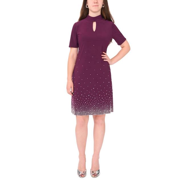 Petite MSK Short Sleeve Mock Keyhole Neck Faraj Bead Shift Dress