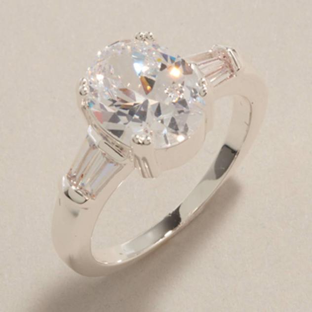 Silver-Tone Clear CZ Oval Stone Ring with Baguettes