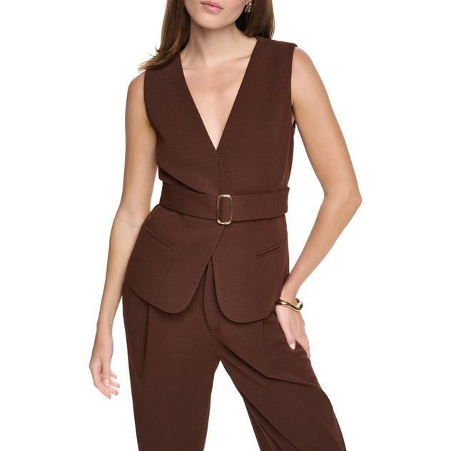 Womens Halston Solid V Neck Belted Vest