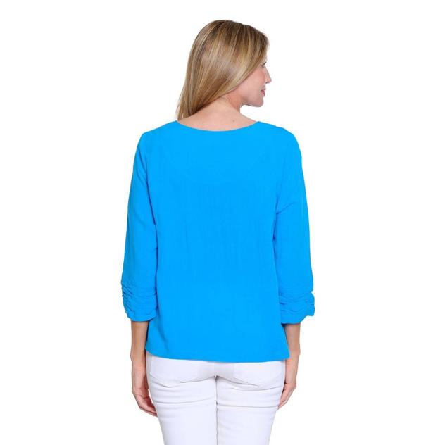 Womens Multiples 3/4 Shirred Sleeve Pleated Placket Blouse