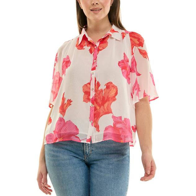 Womens Zac & Rachel Short Wide Sleeve Floral Chiffon Blouse