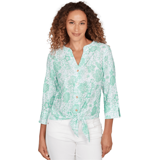 Womens Hearts of Palm All Sun and Games Tie Front Floral Blouse