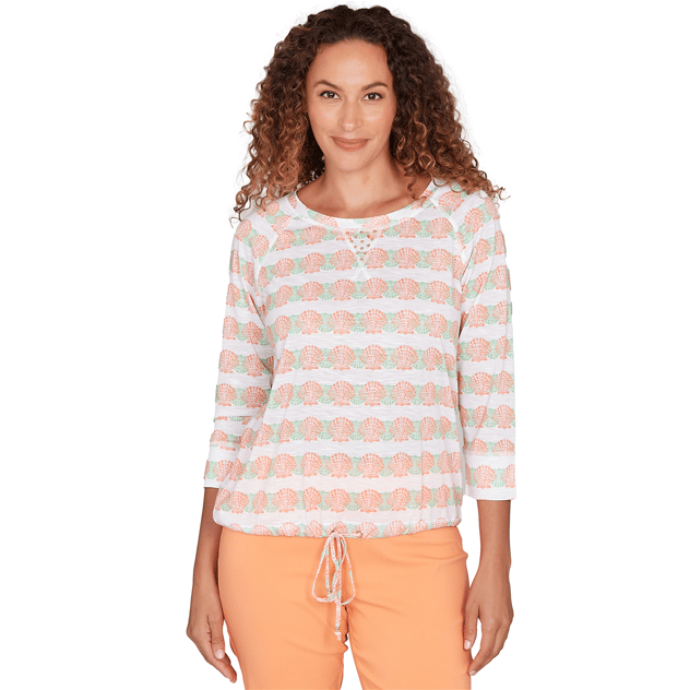 Womens Hearts of Palm All Sun and Games Tie Hem Seashells Blouse
