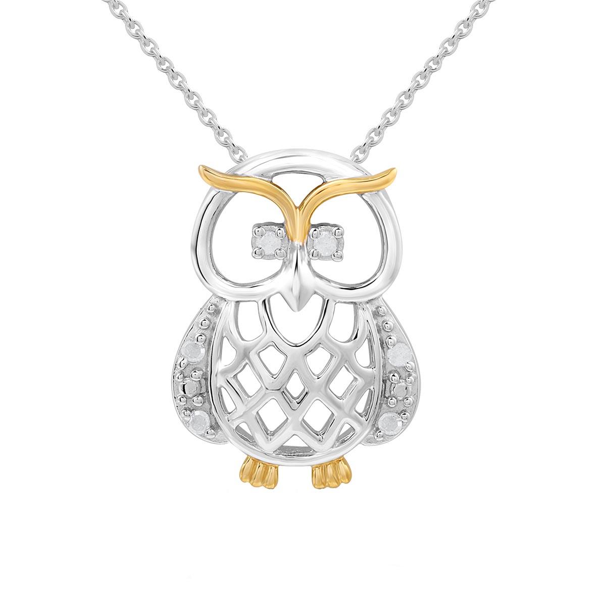 1/20cttw. Natural Diamond Sterling Silver Owl Pendant Necklace