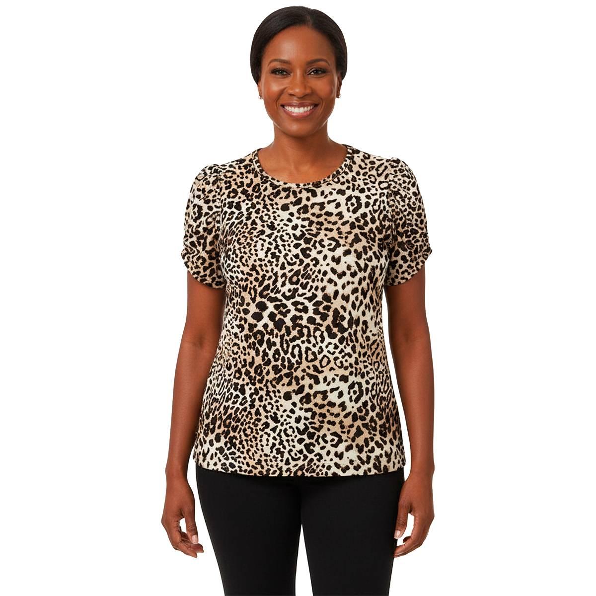 Petite Anne Klein Short Tulip Sleeve Leopard Blouse