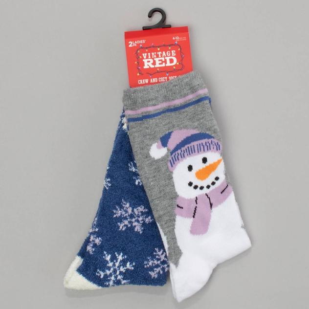 Womens Vintage Red 2Pk Snowman Cozy Crew Socks