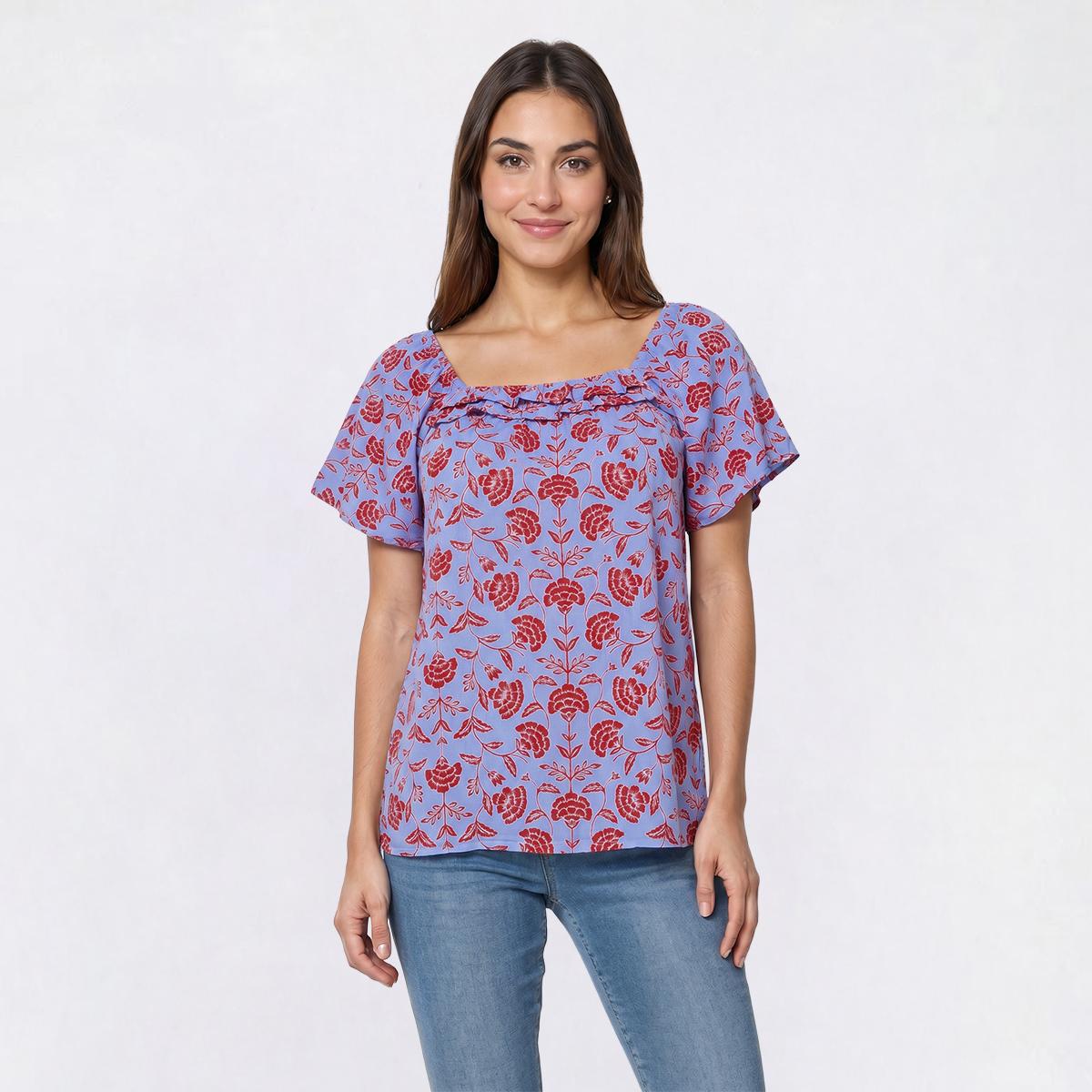 Womens Absolutely Famous Floral Ruffle Neck Blouse