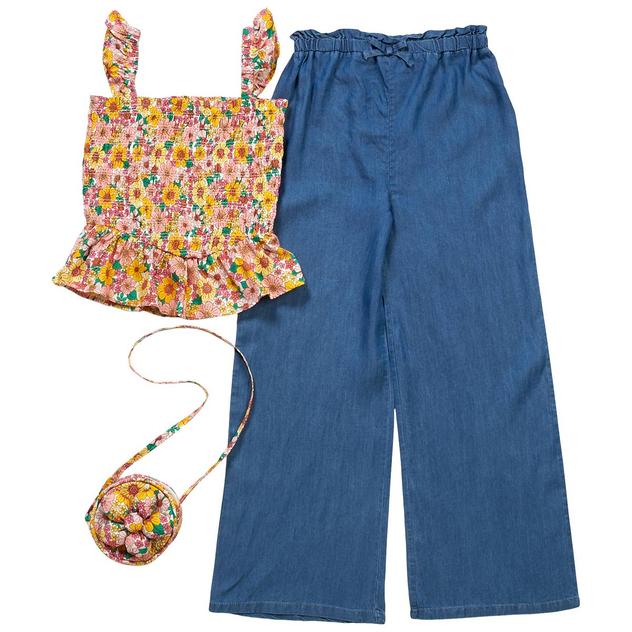 Girls (7-12) BTween® Smocked Floral Top w/ Wide Leg Pants & Bag