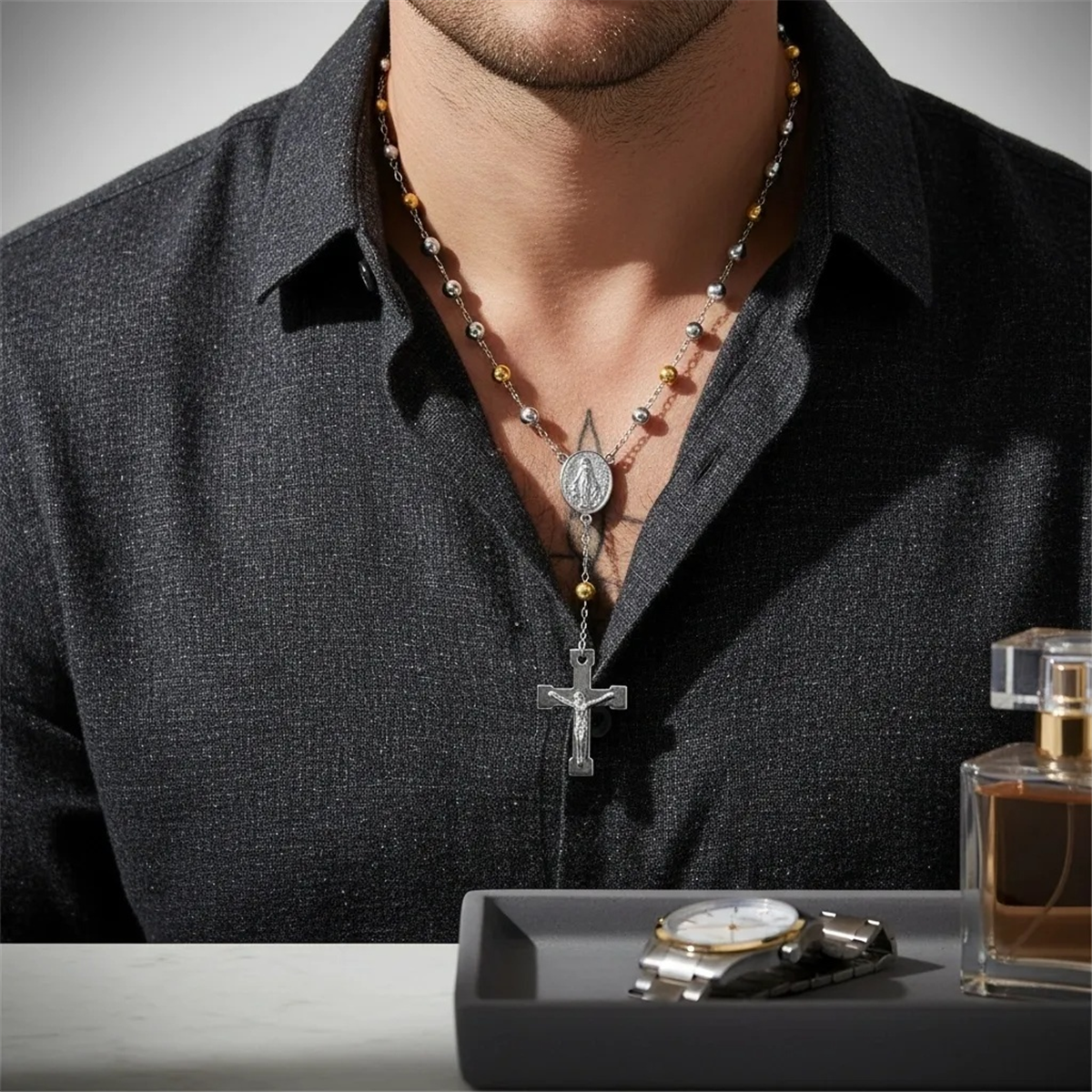 Mens Iron Saints Two-Tone Rosary-Style Necklace w/ Crucifix