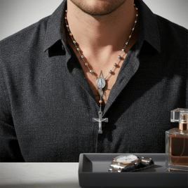 Mens Iron Saints Two-Tone Rosary-Style Necklace w/ Crucifix
