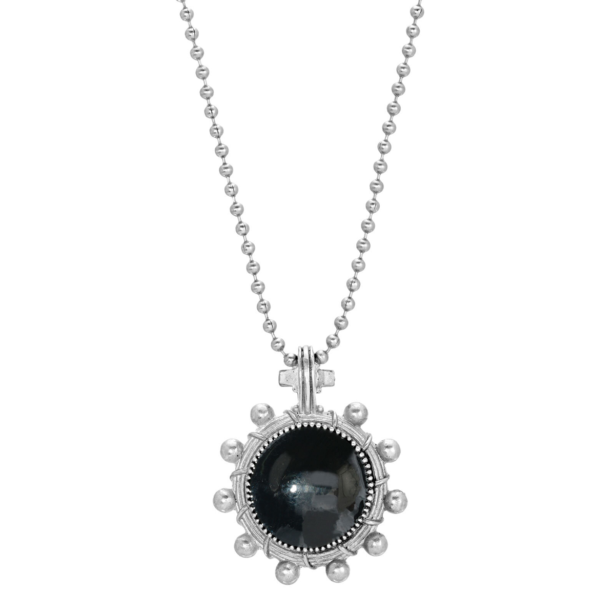 Symbols of Faith Pewter Round Black Enamel Cross & Lamp Necklace