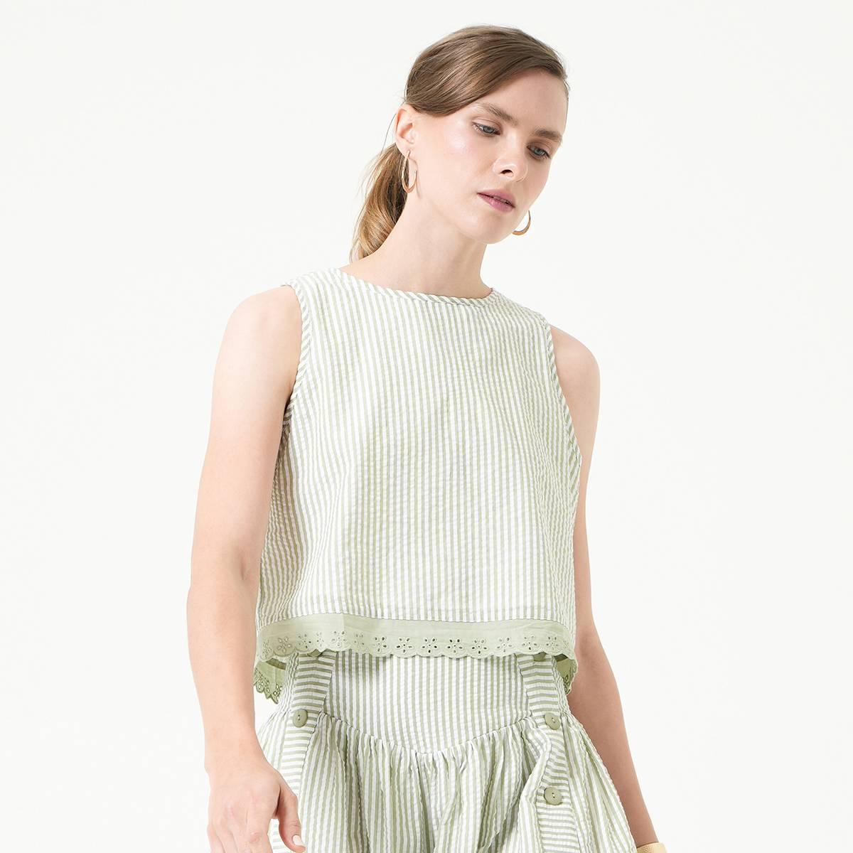 Womens MNK Seersucker Stripe Embroidered Hem Blouse