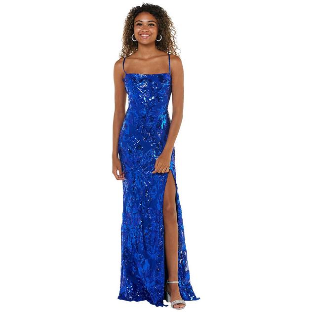 Juniors Crystal Doll Floral Sequin Lace Up Back Sheath Dress