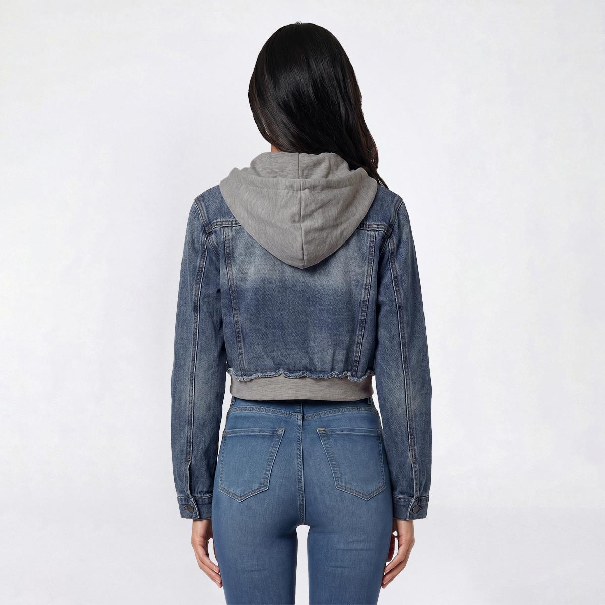 Juniors Love Tree Crop Layer Denim Jacket with Fleece Hood
