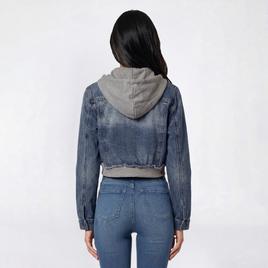 Juniors Love Tree Crop Layer Denim Jacket with Fleece Hood