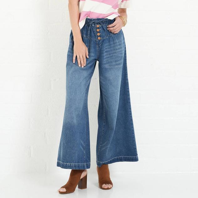 Womens MNK Button Front Drawstring Wide Leg Jeans