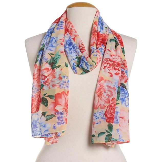 Womens Renshun Beautiful Floral Pearl Silk Oblong Scarf - Ivory