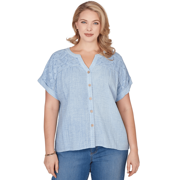 Plus Size Ruby Rd. French Riviera Short Sleeve Paisley Blouse