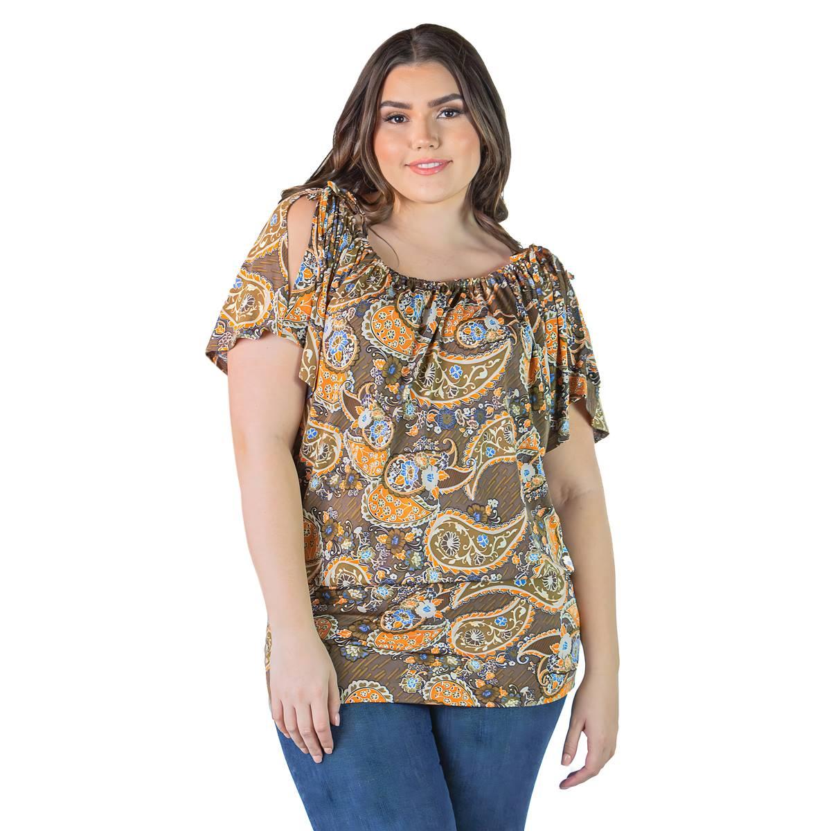 Plus Size 24/7 Comfort Apparel Split Shoulder Printed Top
