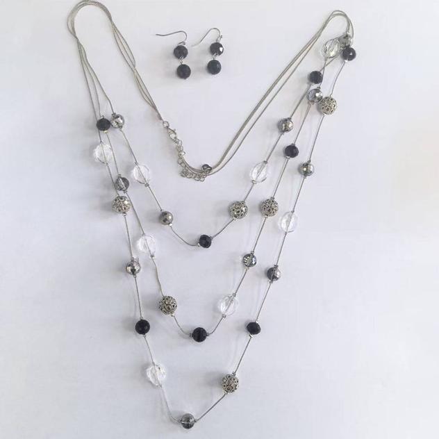 Ashley Cooper™ Rhodium Beaded 3-Row Necklace & Earring Set