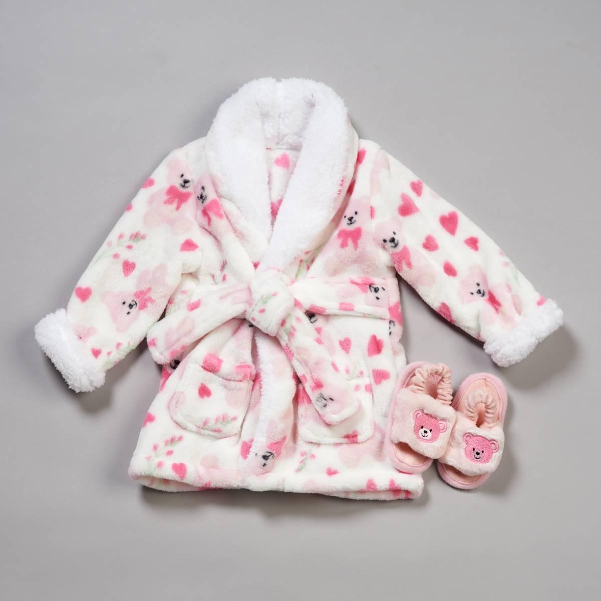 Baby Girl Little Celebrity(tm) Pink Bears Flannel Robe w/ Slippers