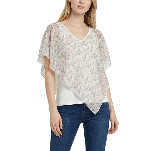Womens NY Collection Brushstroke V Neck Chiffon Poncho Blouse