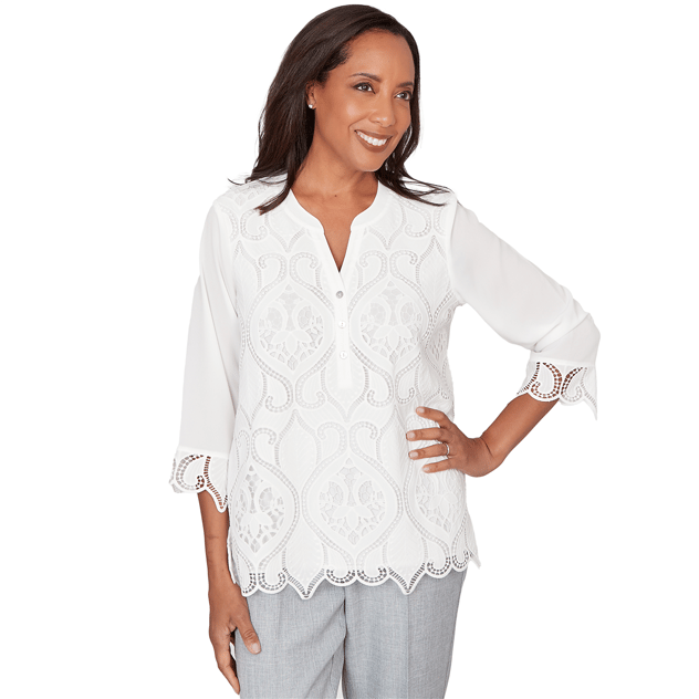 Petite Alfred Dunner Al Fresco 3/4 Sleeve Lace Cut Out Blouse