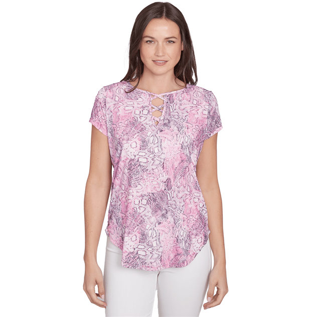Plus Size Emaline Dallas Short Sleeve Snakeskin Laced Neck Tee