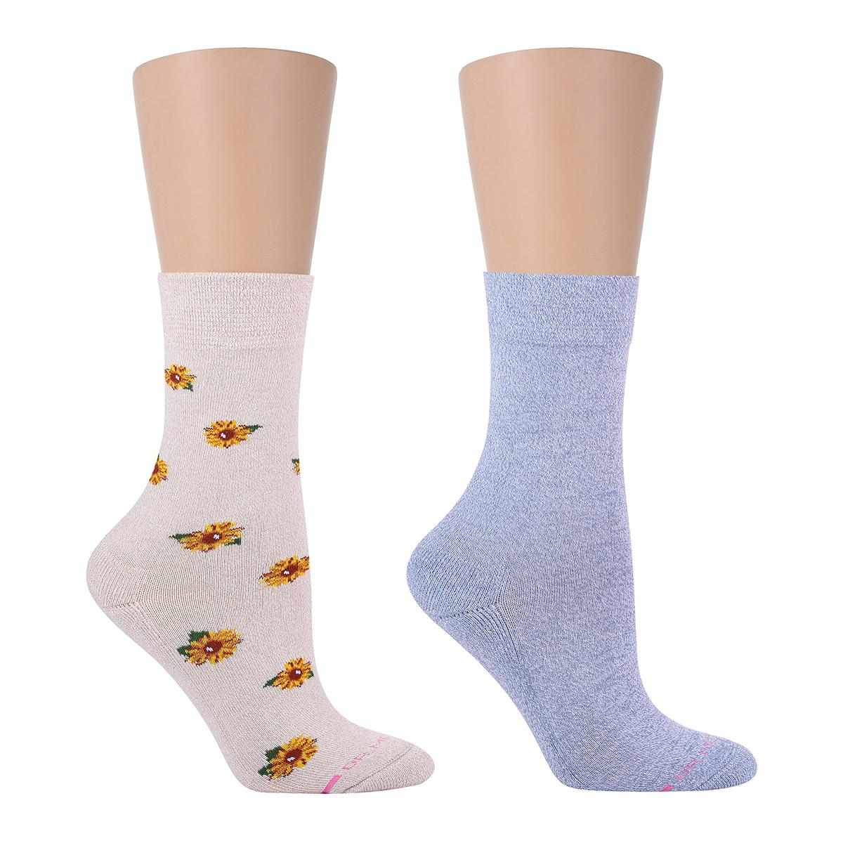 Womens Dr. Motion 2pk. Sunflower Comfort Top Crew Socks