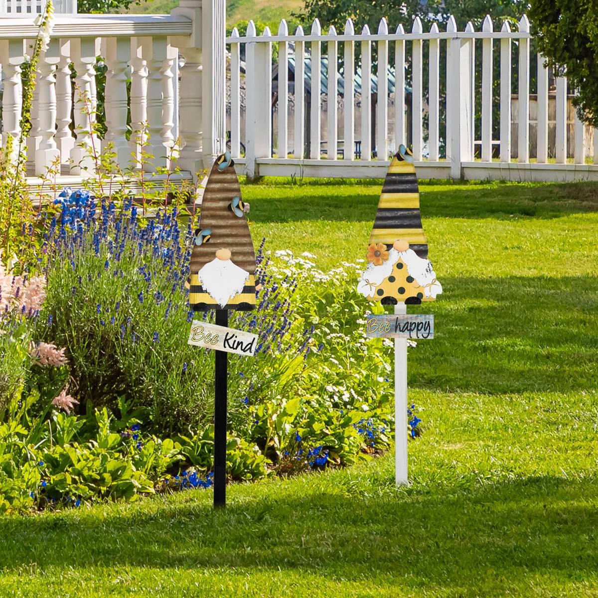 Northlight Seasonal Bee Gnomes Wooden Garden Stakes -  Set of 2