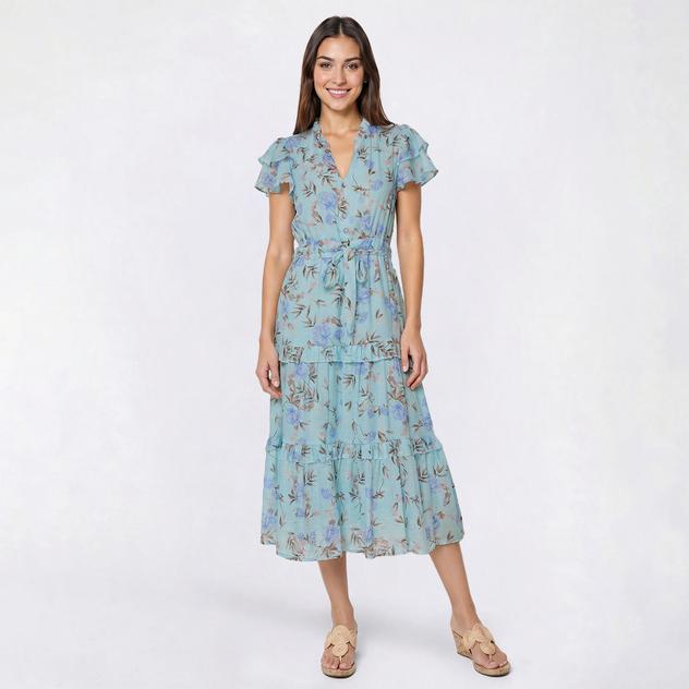Plus Size Cure Flutter Sleeve Floral Tie Waist Tier Midi Dress