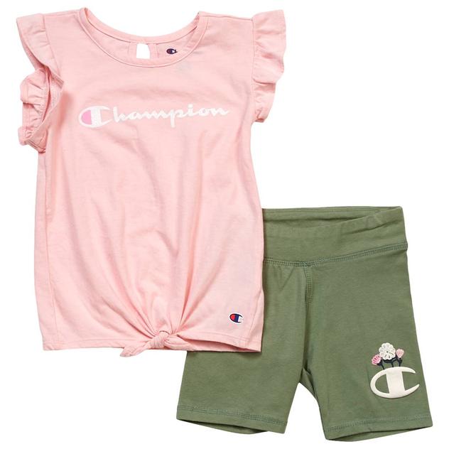 Girls (4-6x) Champion® Ruffle Tie Front Logo Tee & Bike Shorts