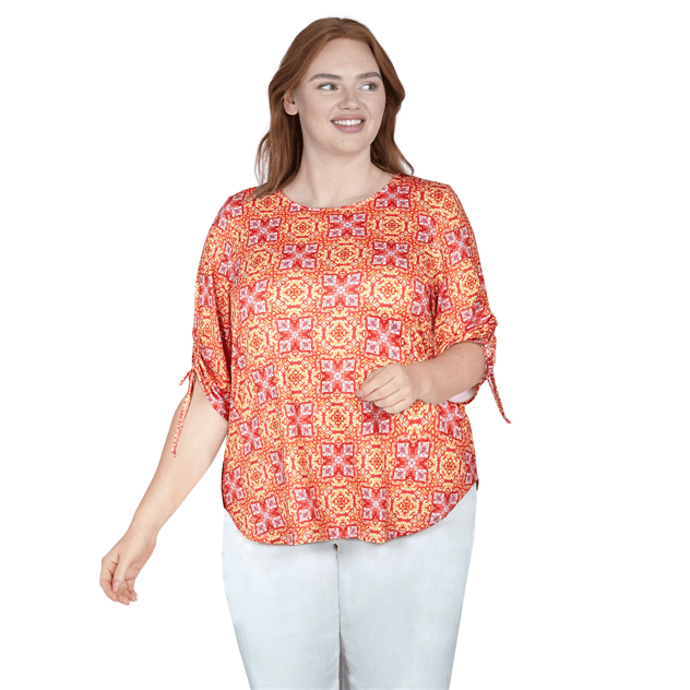 Plus Size Larky Lark Ruch Elbow Sleeves Medallion Blouse