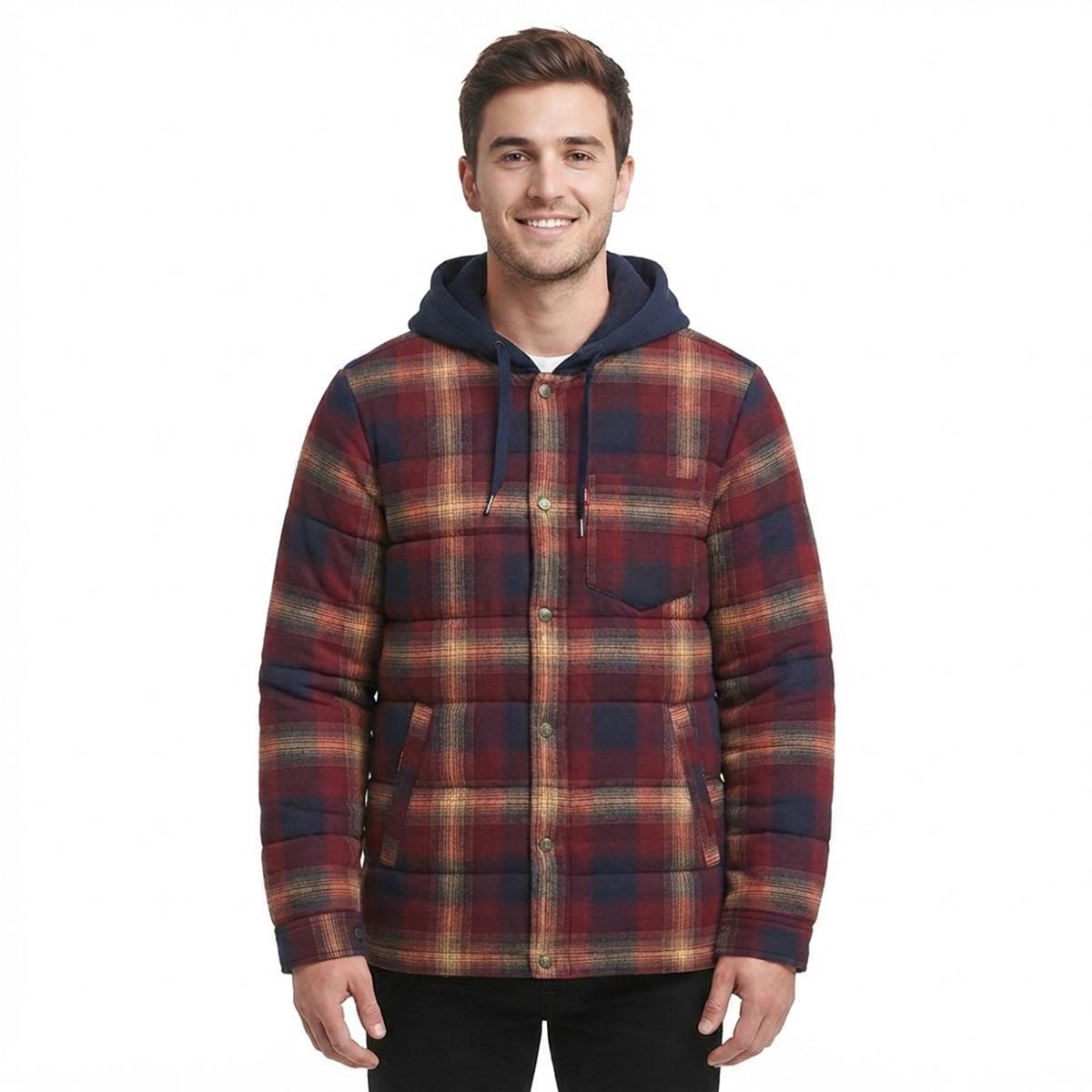 Mens Levi''s(R) Quilted Shirt Jacket with Hood - Burgundy/Navy