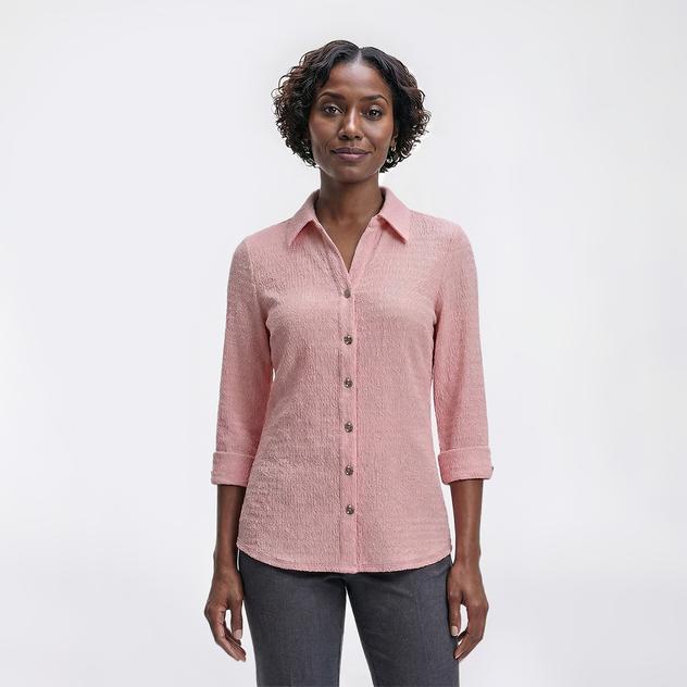 Petite Kasper 3/4 Rolled Sleeve Textured Button Up Blouse