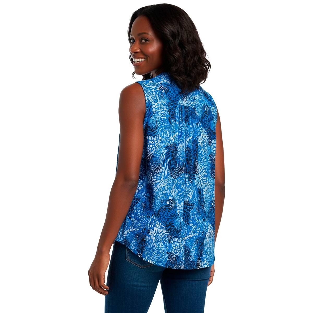 Womens Notations Sleeveless Abstract Leopard Pleat Blouse