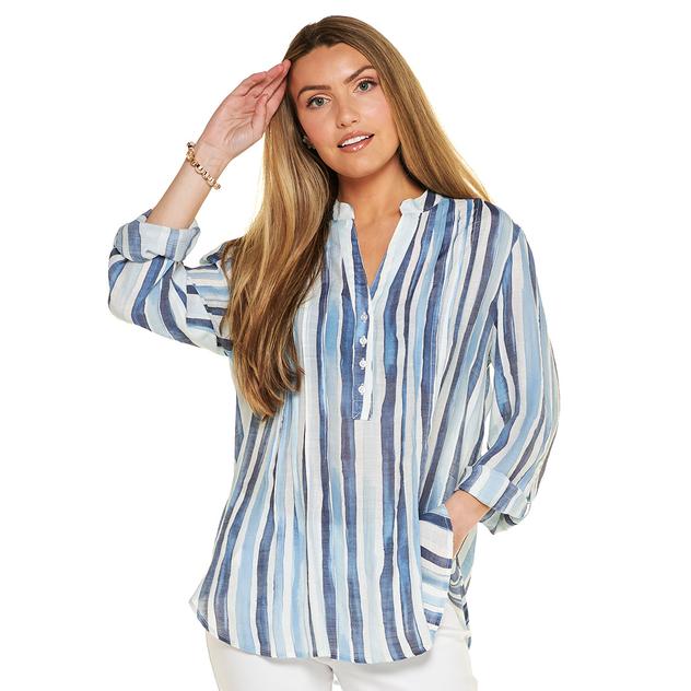 Womens Zac & Rachel Roll Sleeve Watercolor Stripe Blouse