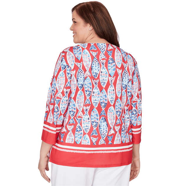 Plus Size Alfred Dunner Port Side 3/4 Sleeve Mosaic Fish Blouse