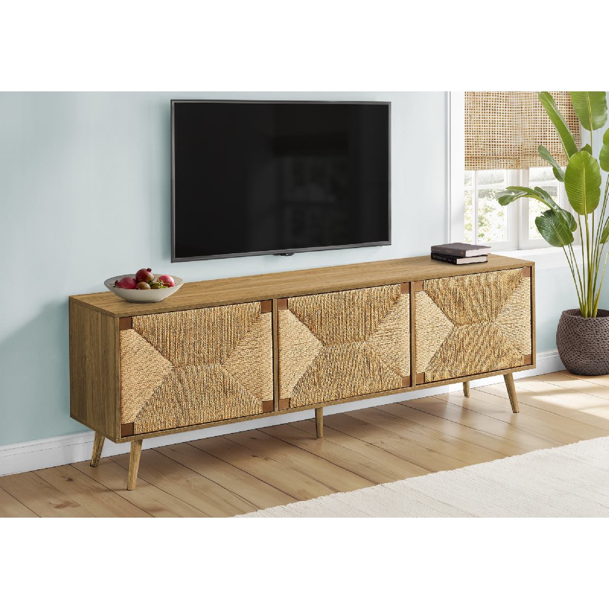 Monarch Specialties 72in. 3 Seagrass-Look Door TV Stand